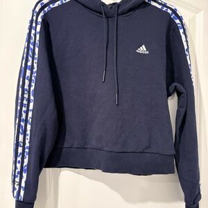 Adidas Women's Dark Blue Hoodie with Patterned Stripes